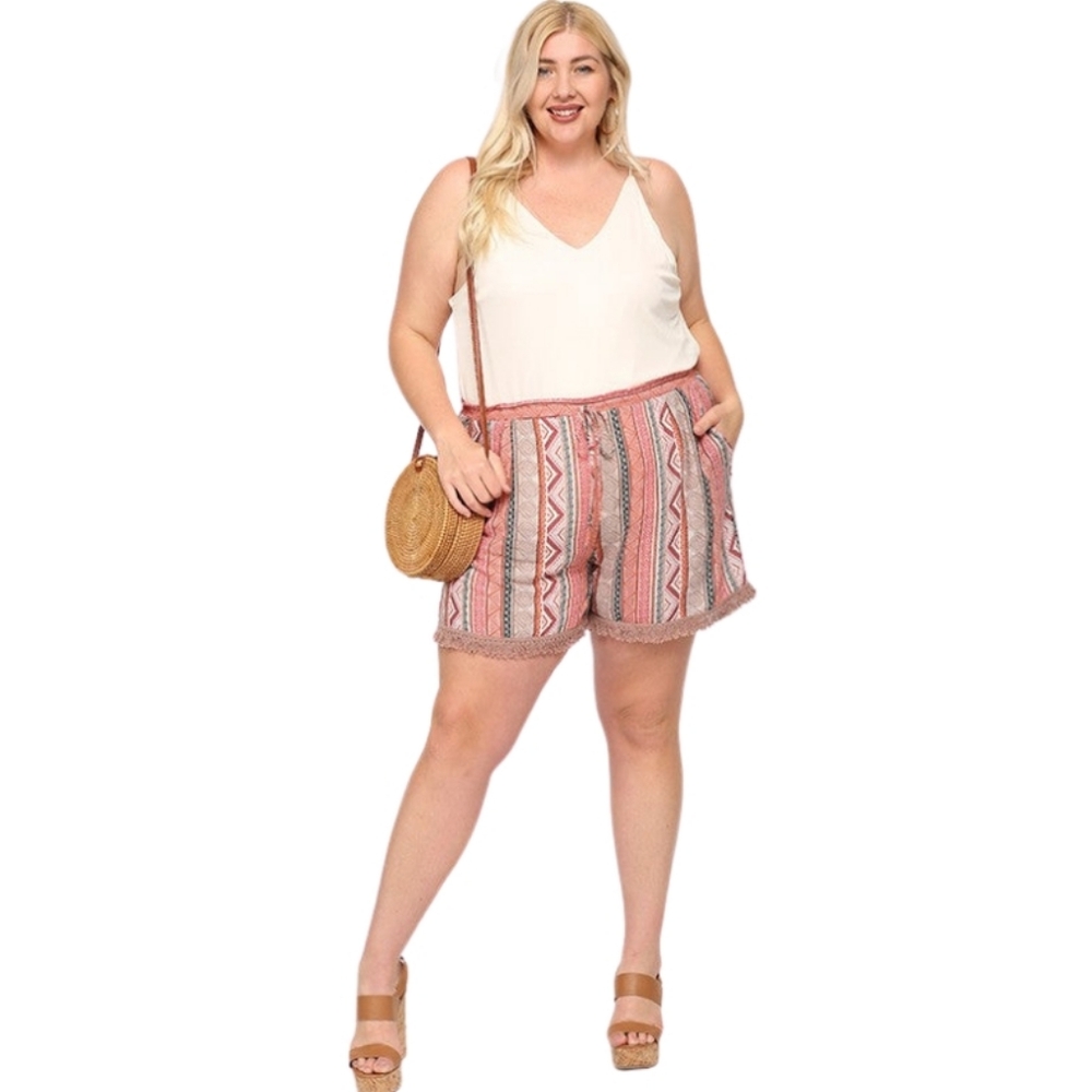 Aztec Print & Fringe Trim Shorts‎